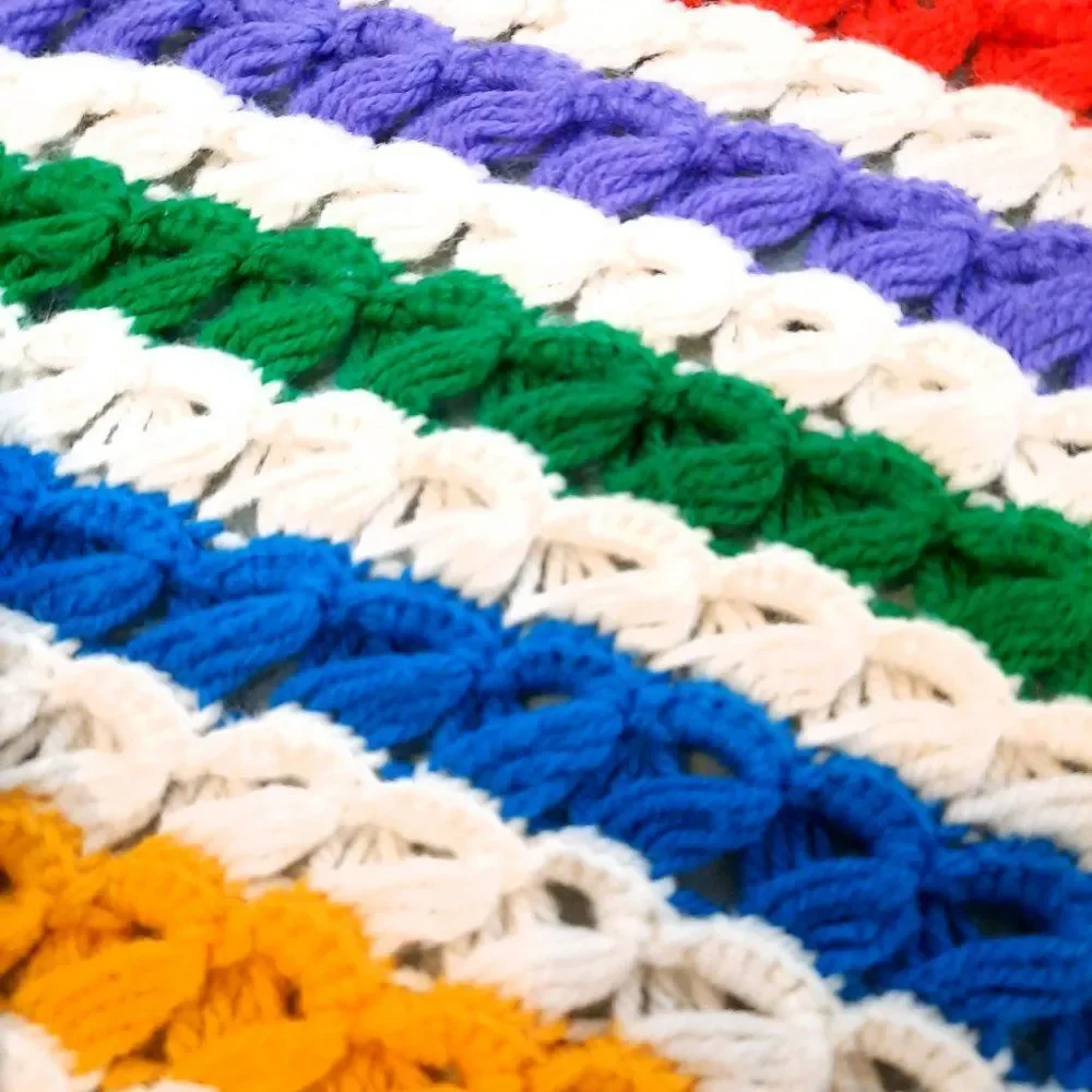 Vintage Rainbow Fringe Afghan lap Throw Blanket‎ Hand Knitted stripes 36x84
